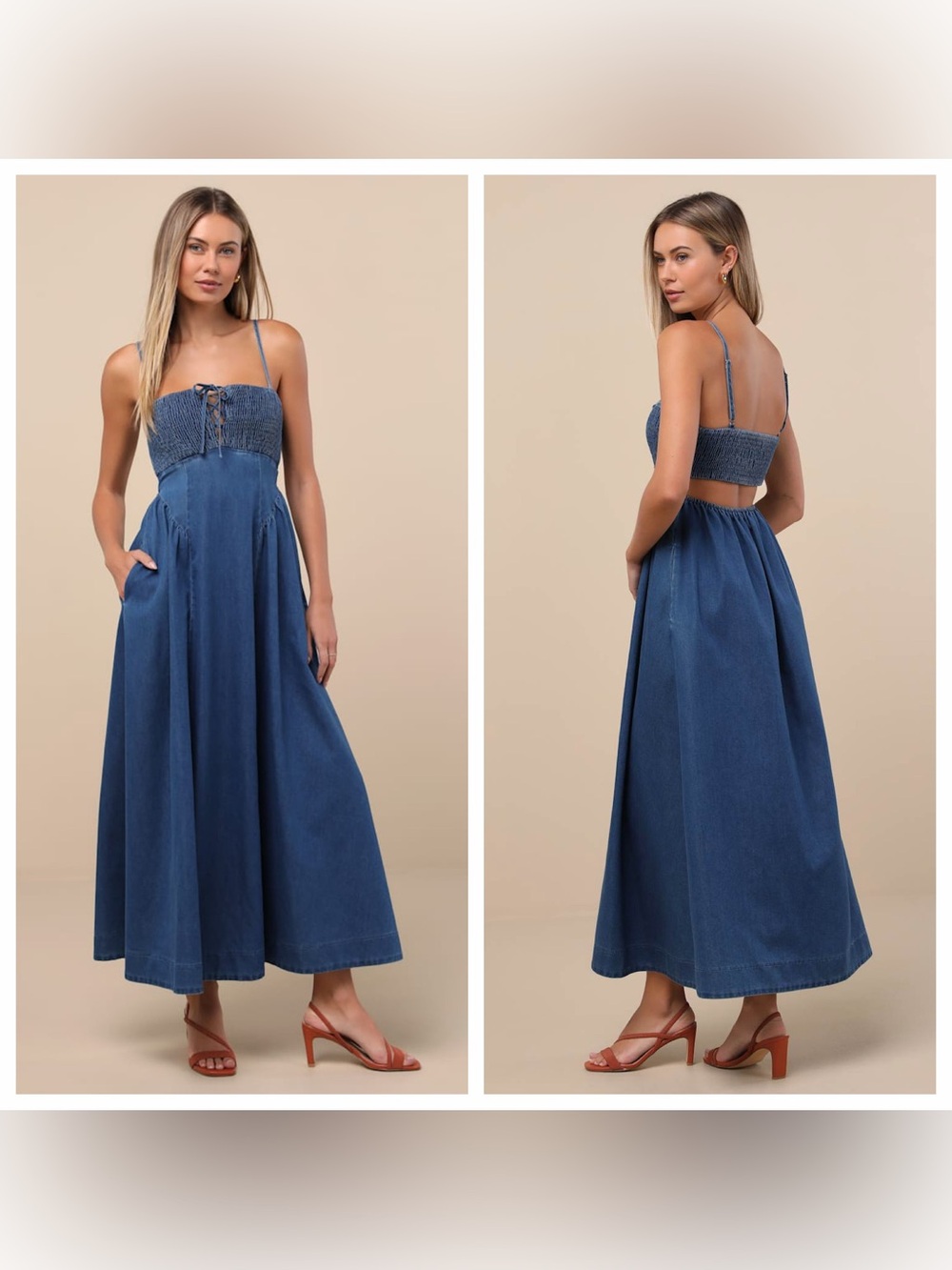 Lulu's Laylie Medium Wash Denim Lace-Up Midi Dress